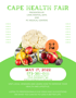 Cape Health Fair flyer for May 17, 2022, 5-7 PM at 766 S. Kingshighway. Features produce, dumbbells, and measuring tape.