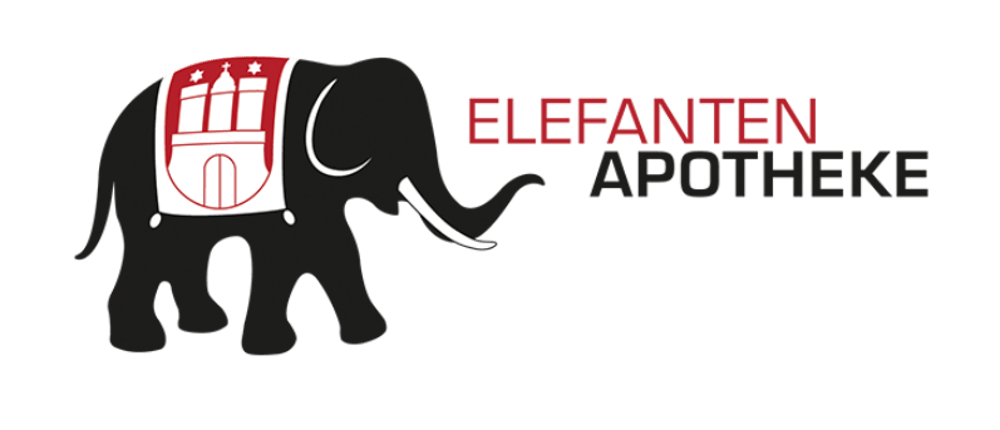 Schwarzer Elefant mit weißem Wappen auf roter Decke, daneben roter Text "ELEFANTEN" über schwarzem Text "APOTHEKE".