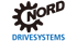 NORD DRIVESYSTEMS Logo: schwarzes Zahnrad mit "NORD" und blauem Text "DRIVESYSTEMS" darunter auf grünem Hintergrund.