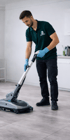 Ein Mann in dunkelgrünem Hemd und blauen Handschuhen reinigt einen hellen Fliesenboden mit einer Scheuersaugmaschine.