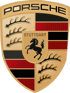 Porsche-Wappen mit schwarzem Pferd, Geweihen und roten Streifen auf goldenem Schild mit "PORSCHE" und "STUTTGART".