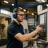 Junger Mann mit Gehörschutz und Schutzbrille bedient eine CNC-Maschine in einer Fabrik.
