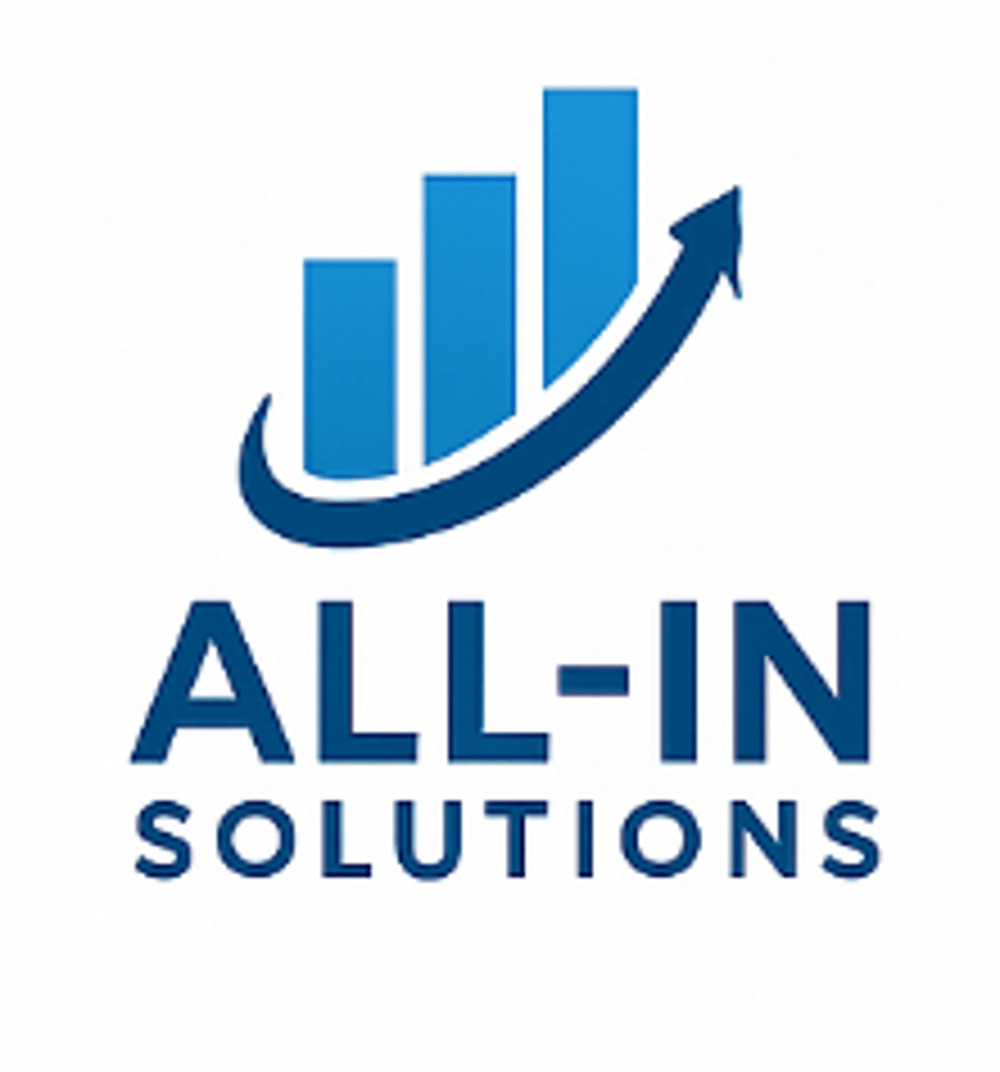 Blaues Logo mit drei steigenden Balken, einem Aufwärtspfeil und dem Text "ALL-IN SOLUTIONS". Beratung KMU