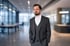 Mann im Anzug mit Weste und weißem Hemd, blickt nach rechts in einem modernen Bürogebäude.