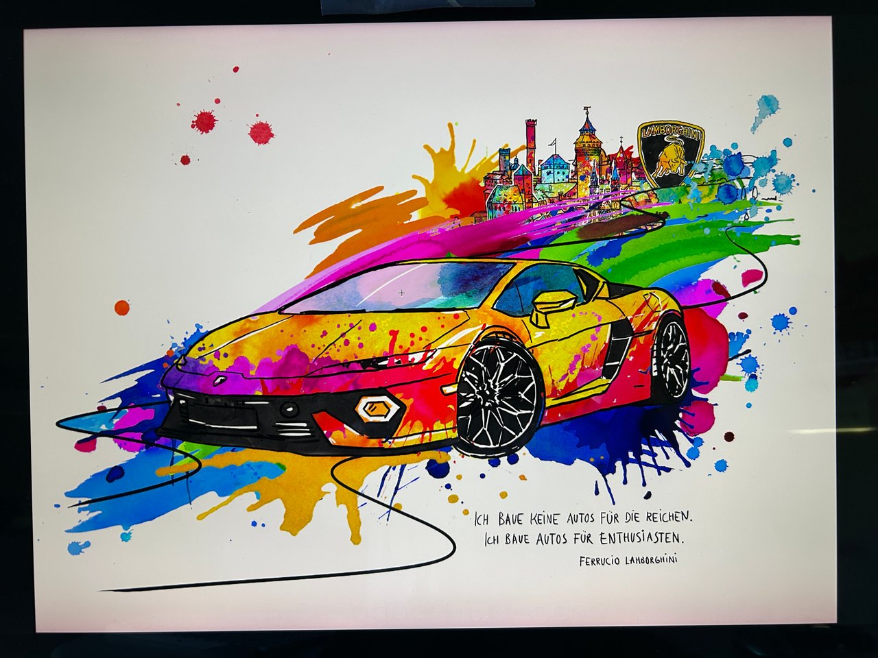 Aquarell des Lamborghini vor der Nürnberger Altstadt