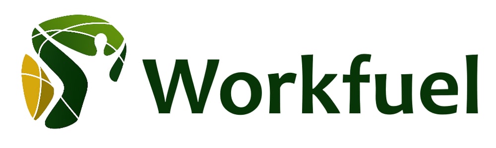 Grünes und goldenes Logo mit einem stilisierten Menschen und dem Text "Workfuel".