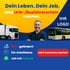 Mann lächelt neben LKW und Bus mit Text "Dein Leben. Dein Job. Jetzt LKW-/Busführerschein machen", "100% gefördert!", "Für Arbeitslose", "Job mit Zukunft" und "Jetzt kostenlos starten!".