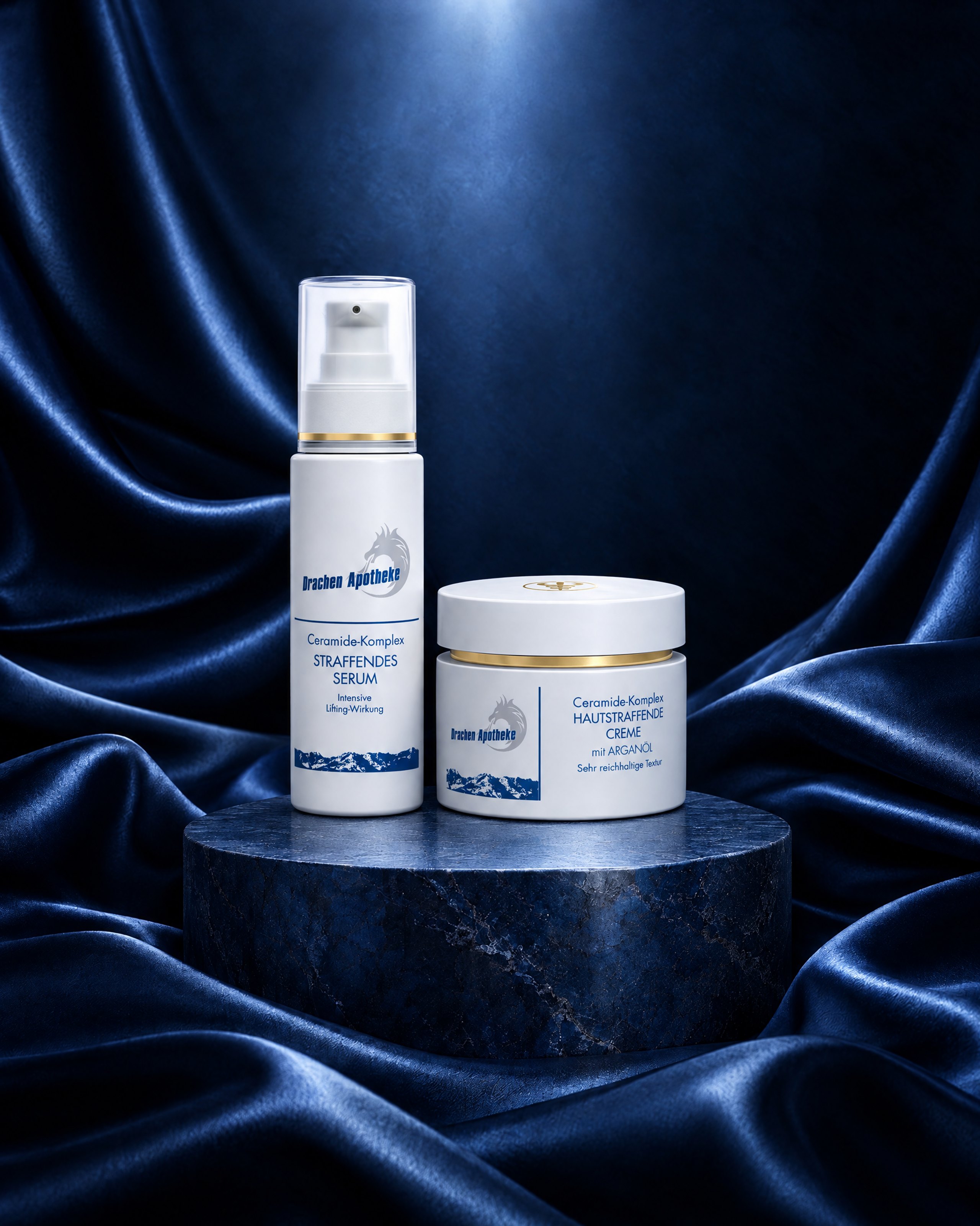 Retinol Serum und Nachtcreme auf dunklem Sockel (KI-generiert)