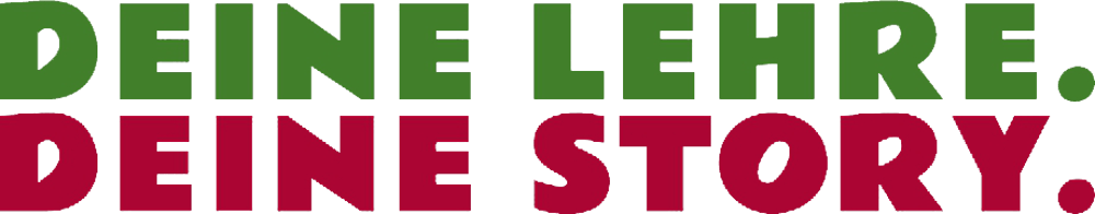 Grüner Text "DEINE LEHRE." über rotem Text "DEINE STORY."