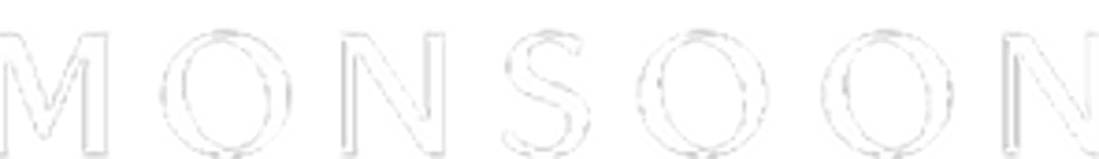 MONSOON text in white serif font on a dark green background.