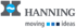 Hanning Logo mit grauem H und blauem Wellensymbol, darunter "moving", drei farbige Quadrate und "ideas".
