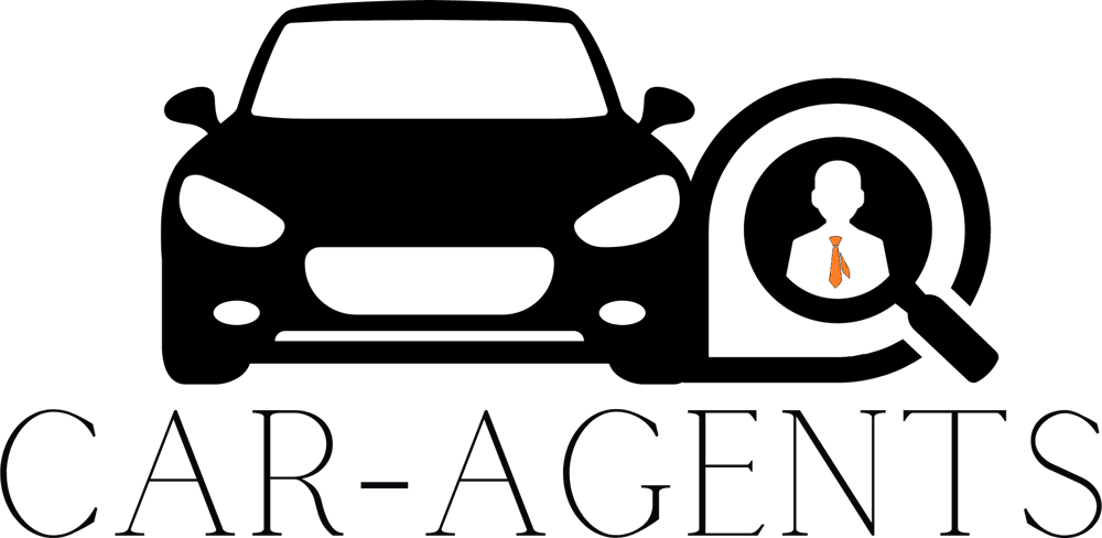 Schwarzes Auto mit Lupe, die eine Person mit orangefarbener Krawatte zeigt, und Text "CAR-AGENTS".