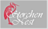 Roter Storch und weißer Text "Storchen Nest" auf grauem Hintergrund.
