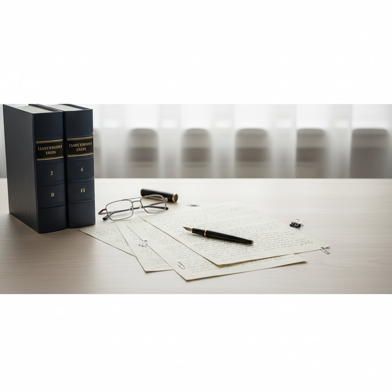 Zwei juristische Kommentare, Lesebrille, Füller und handschriftliche Notizen auf einem hellen Schreibtisch