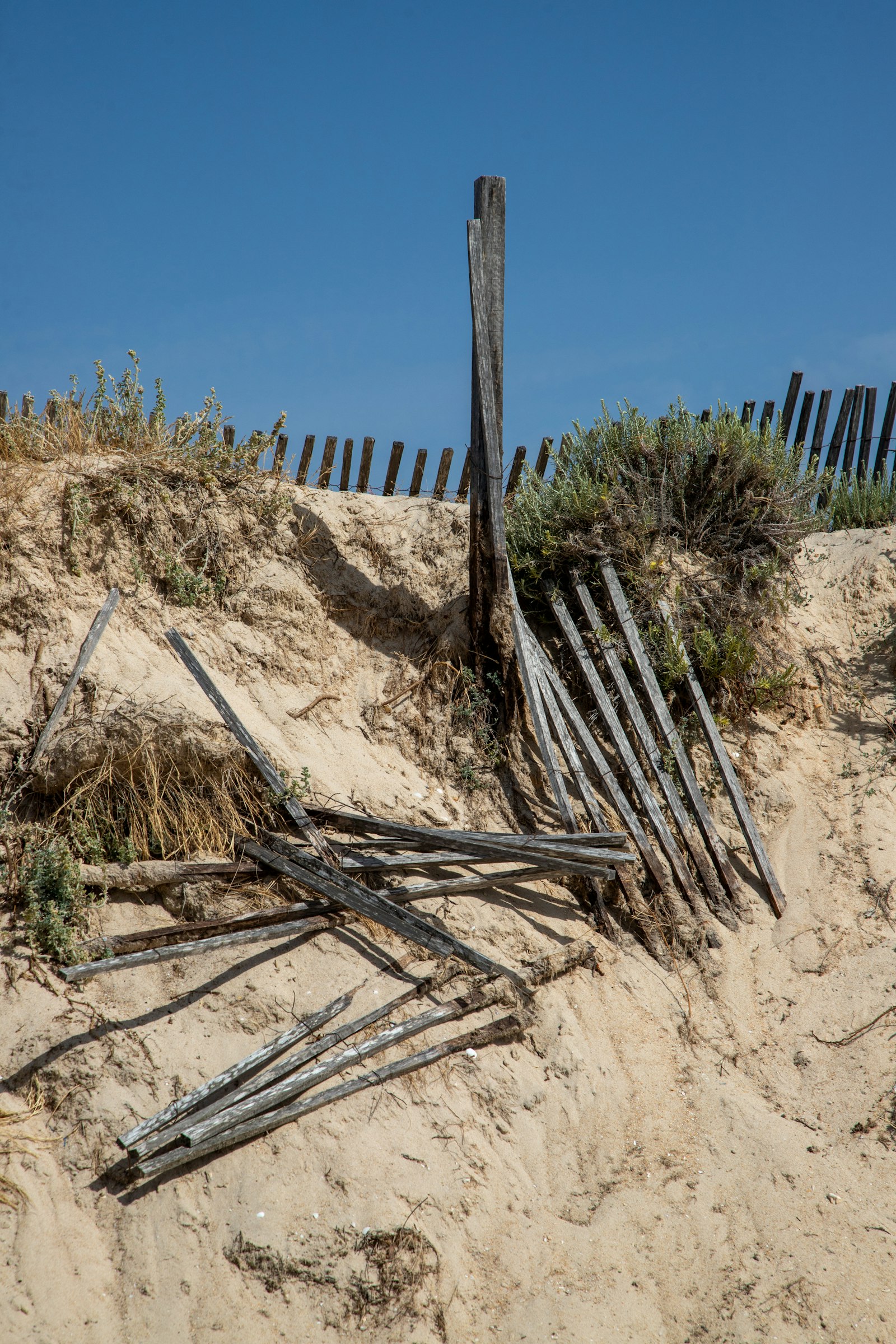 Damaged wooden fence section leaning after wind damage, awaiting repair