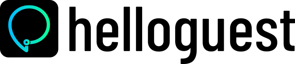 Logo von Helloguest mit einem stilisierten Standort-Pin-Symbol in Blaugrün.