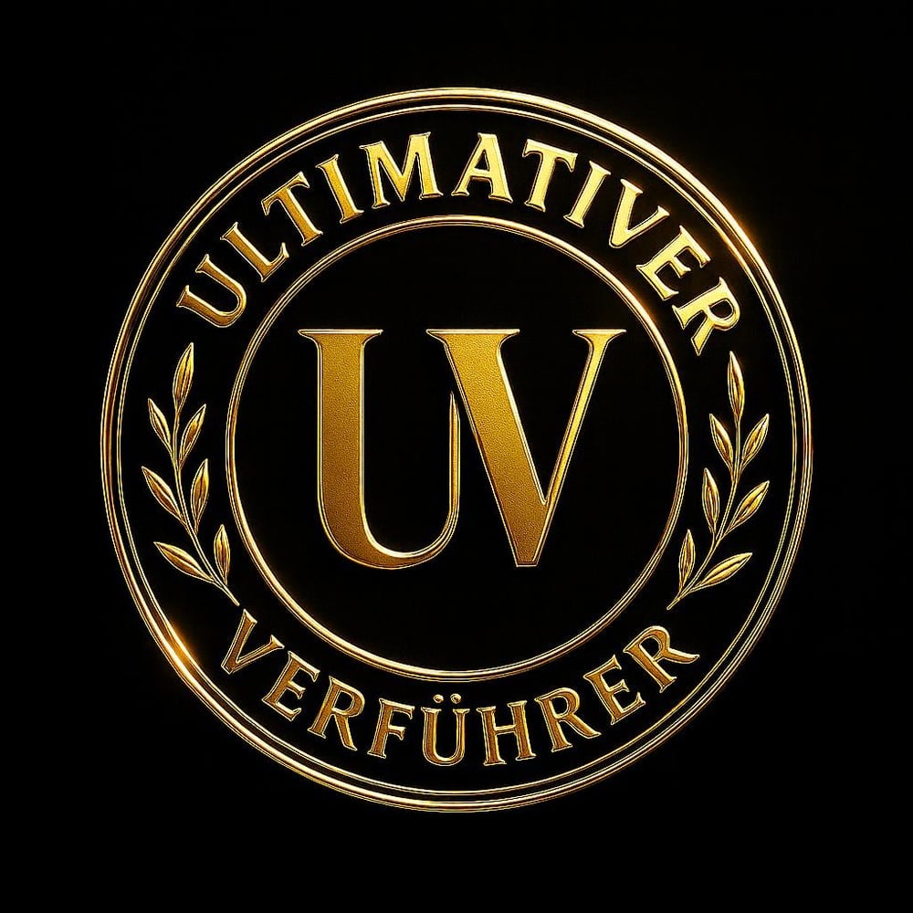 Goldenes Rundsiegel mit Lorbeerzweigen und dem Text Ultimativer Verführer sowie den Initialen UV auf schwarzem Hintergrund.