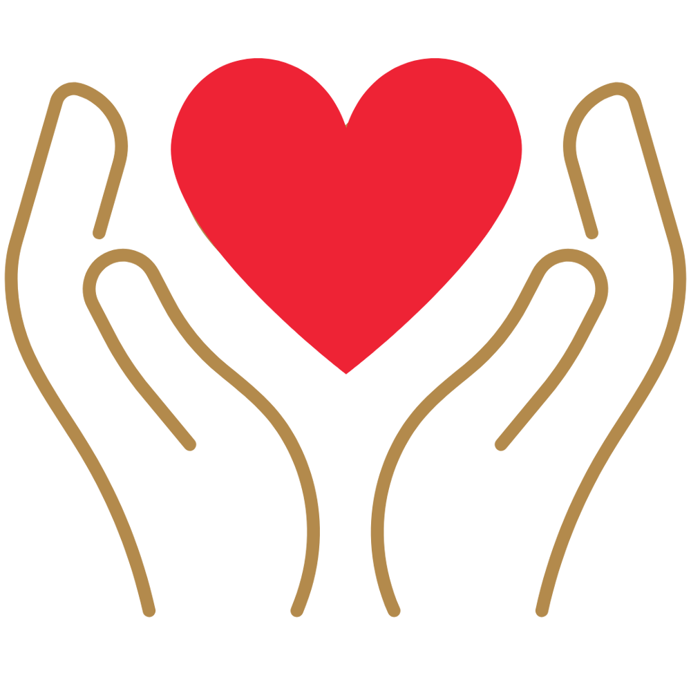 Zwei beige umrissene Hände halten ein großes rotes Herz vor einem dunkelgrünen Hintergrund.