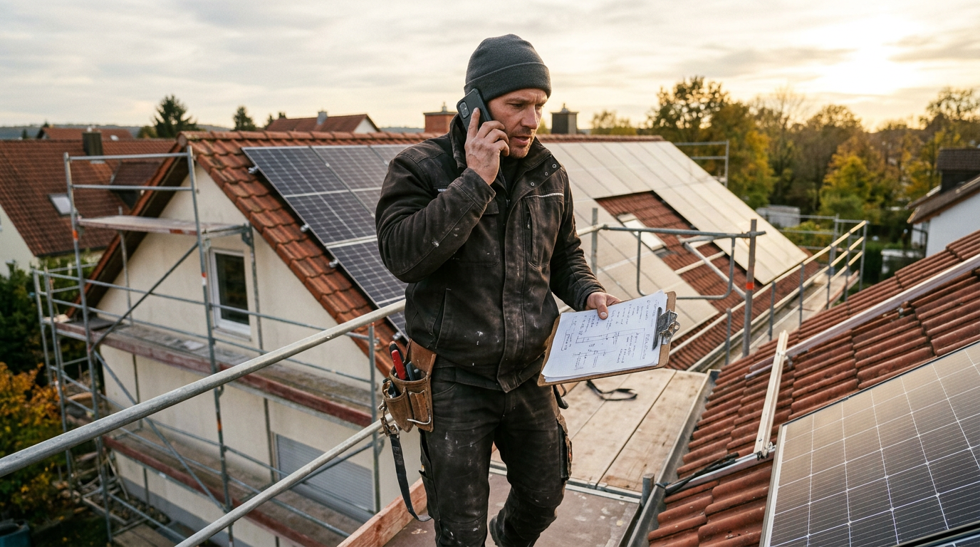 PV-Monteur am Telefon auf der Baustelle
