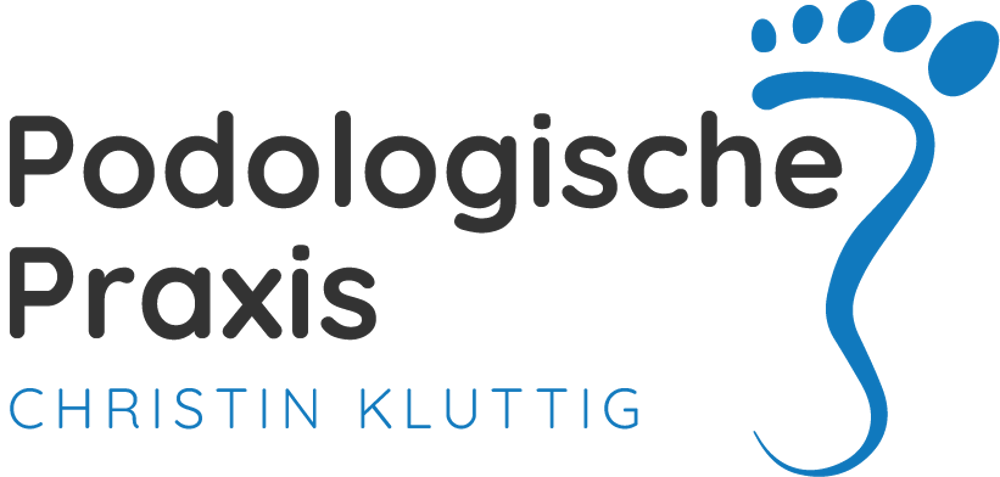 Logo der Podologischen Praxis Christin Kluttig mit einem blauen Fuß-Symbol auf schwarzem Hintergrund.