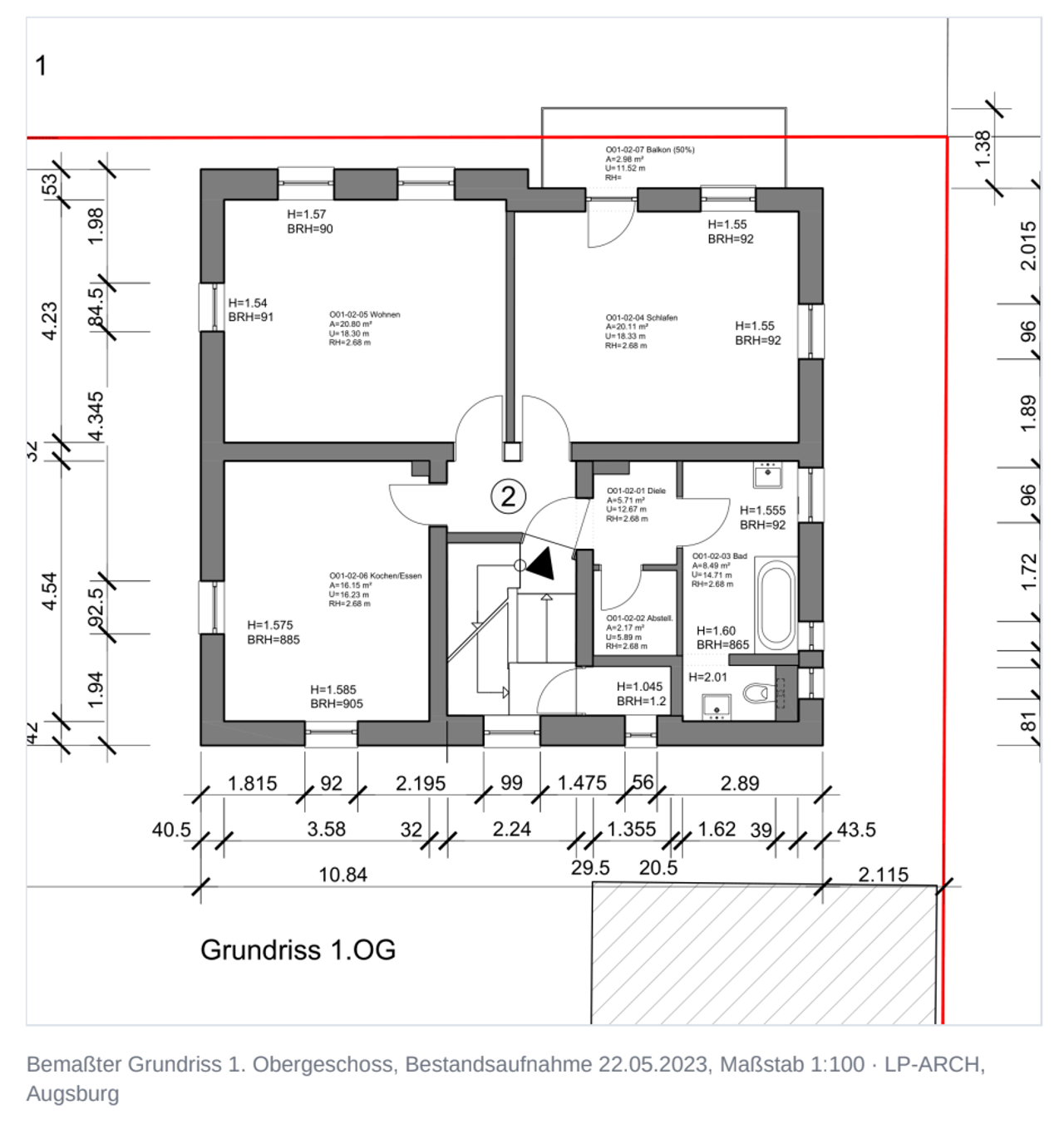 Bemaßter Grundriss Wohnung Nr. 2 im 1. Obergeschoss