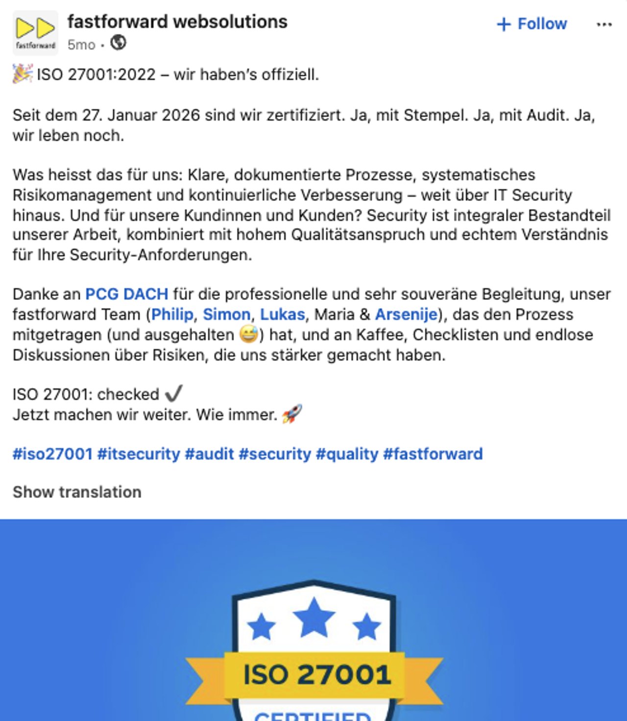 LinkedIn Beitrag von fastforward websolutions