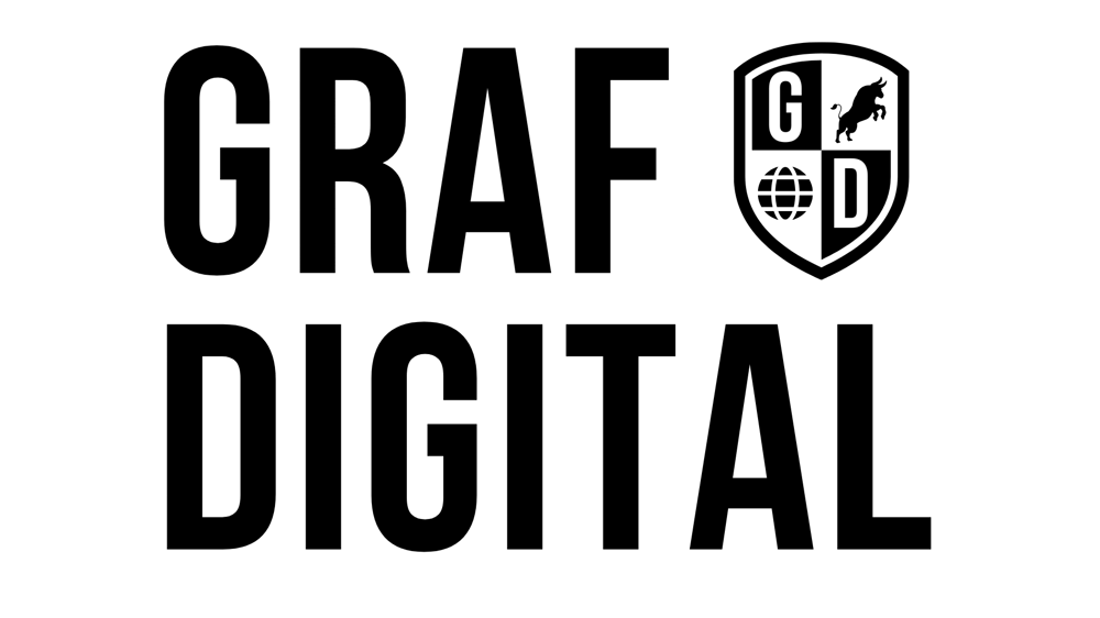 Weißer "GRAF DIGITAL" Text neben einem Wappenschild mit "GD", einem Pferd und einem Globus auf grünem Hintergrund.