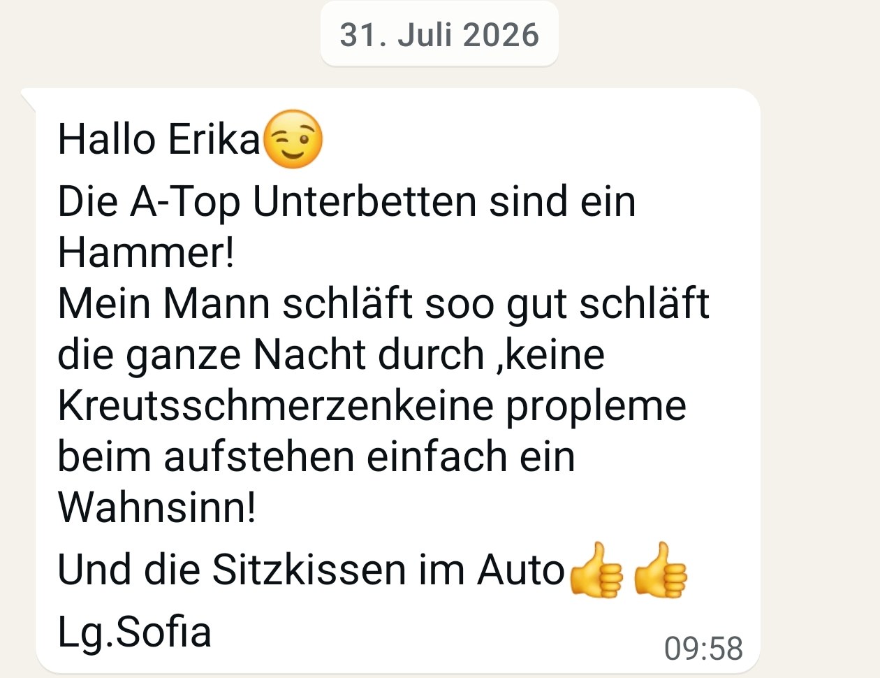 WhatsApp-Nachricht von Sofia über die A-Top Unterbetten