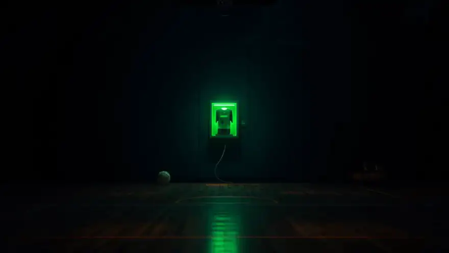 Animation: Sporthalle bei Nacht mit leuchtendem AED-Wandkasten und EKG-Linie