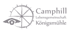 Logo der Camphill Lebensgemeinschaft Königsmühle mit einem stilisierten Wagenrad und einem Auge in Grau auf weißem Grund.