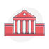Rotes Bankgebäude mit vier Säulen und dreieckigem Dach. Sinnbildlich für den öffentlichen Sektor.