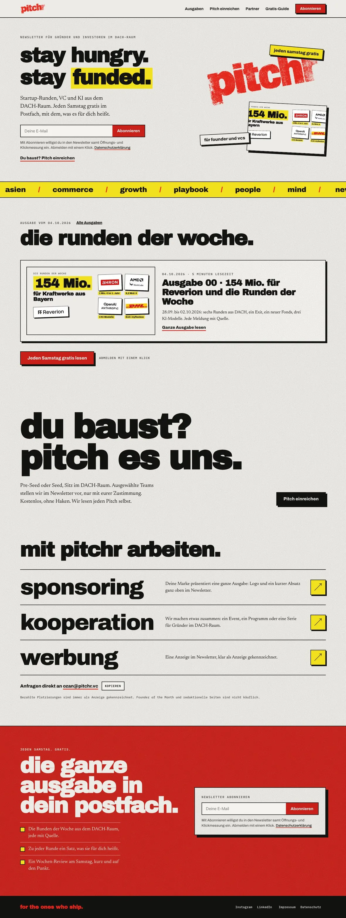 Startseite von pitchr.vc am Desktop: Newsletter für Gründer und Investoren mit Anmeldung, aktueller Ausgabe, Pitch-Bereich und Partner-Angebot