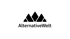 Schwarzes Logo mit fünf dreieckigen Formen, die wie Berge angeordnet sind, und dem Text "AlternativeWelt" darunter.