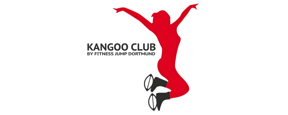 Rote springende Silhouette einer Frau mit Kangoo Jumps Schuhen und Text "KANGOO CLUB BY FITNESS JUMP DORTMUND".