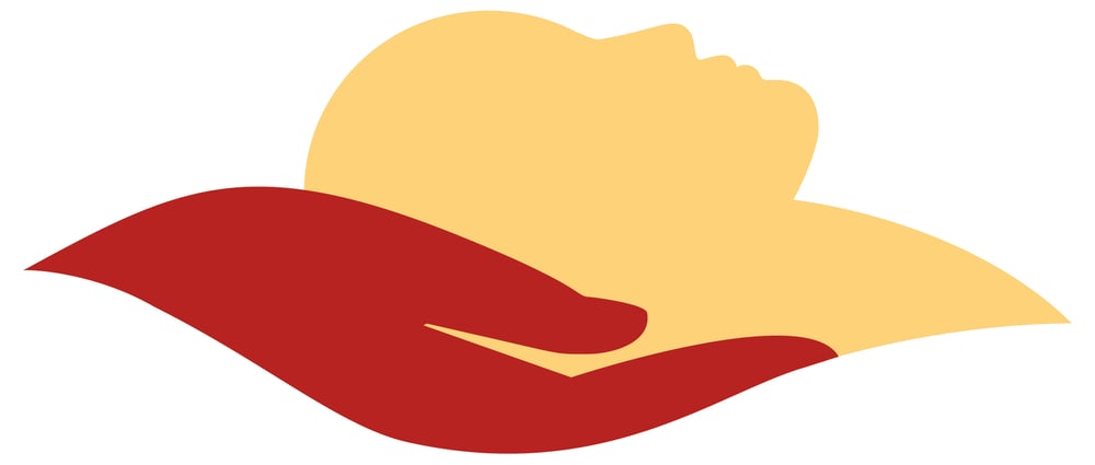 Rote Hände halten ein gelbes Gesicht im Profil, das nach oben blickt.
