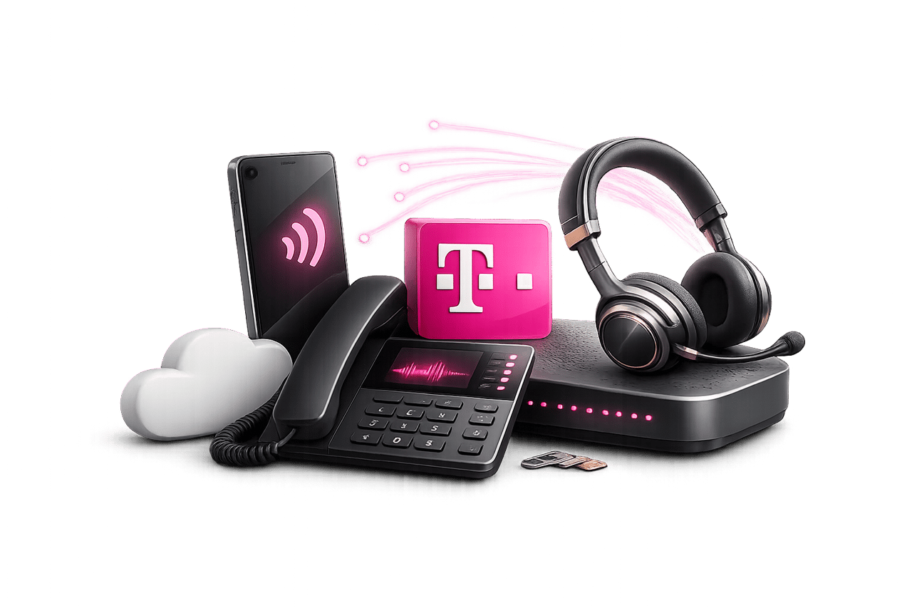 Telekom Logo umgeben von Smartphone, Headset, Festnetztelefon, Router, Glasfaserkabeln und einer Wolke als Sinnbild für den Glasfaseranschluss im Unternehmen