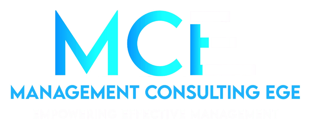Blaues MCE-Logo mit Text "MANAGEMENT CONSULTING EGE" und "EMPOWERING EFFECTIVE MANAGEMENT".