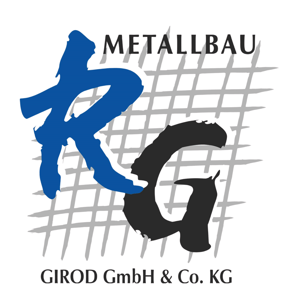 Logo: Metallbau RG, Girod GmbH & Co. KG. Blaues R, schwarzes G, dahinter Gittermuster.