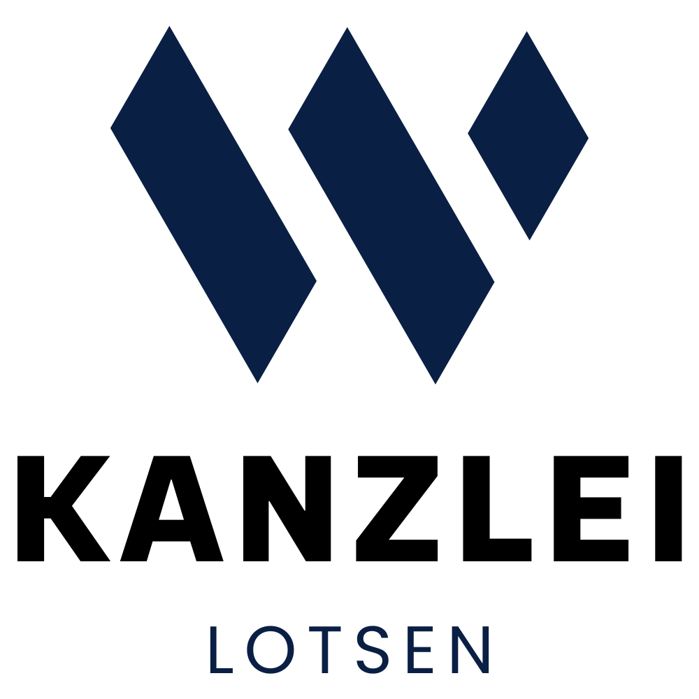 Dunkelblaues Logo mit einem stilisierten „W“ über den Wörtern „KANZLEI LOTSEN“.
