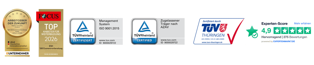 Logos: Arbeitgeber der Zukunft, FOCUS TOP Makler, TÜV Rheinland ISO 9001, TÜV Thüringen, Experten-Score 5 Sterne.