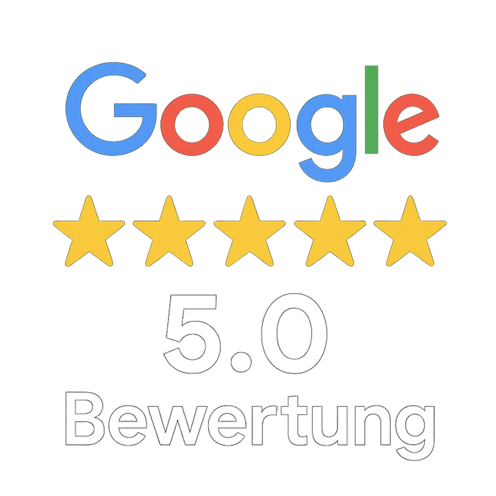 Farbiger Google-Schriftzug mit fünf goldenen Sternen darunter.
