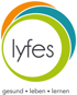 Logo "lyfes" in einem Kreis mit bunten Bögen, darunter "gesund • leben • lernen".