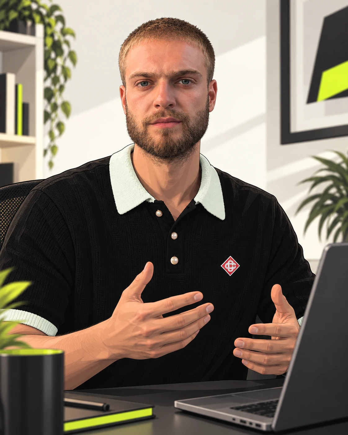 Person im Videocall erklärt etwas mit den Händen