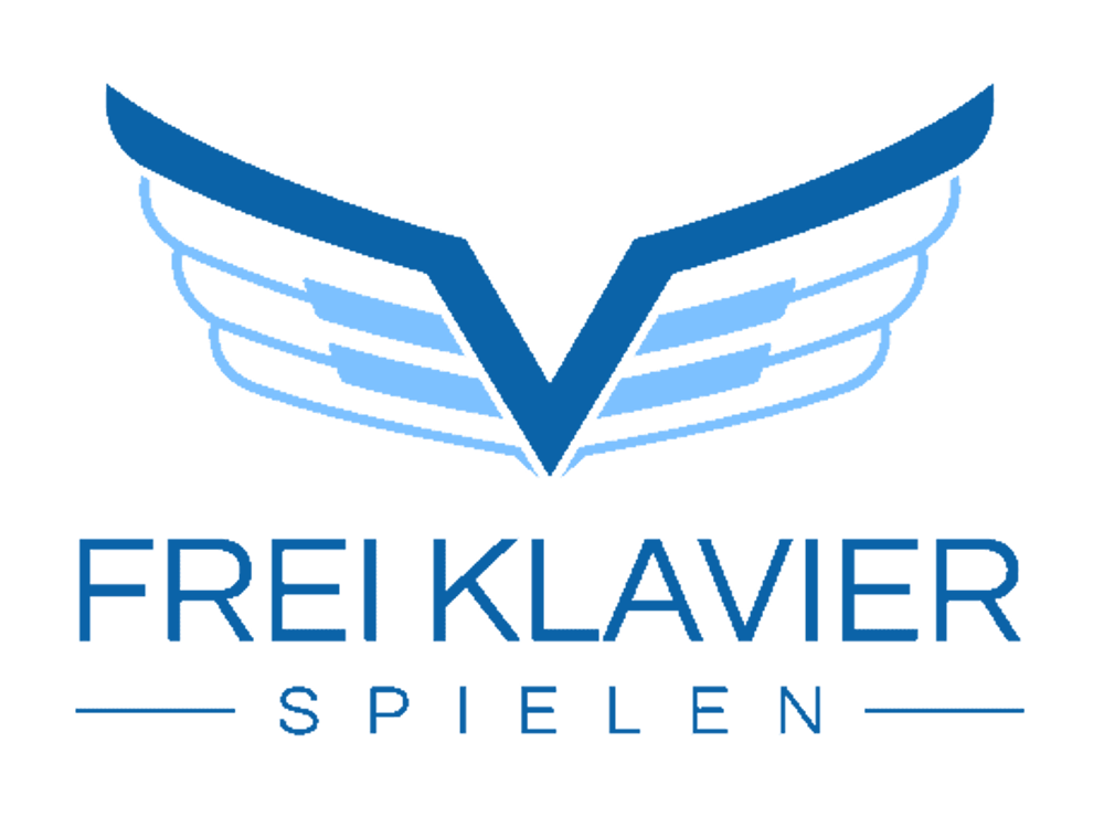 Blaues Logo "FREI KLAVIER SPIELEN" mit Tastatur-Flügeln auf dunkelgrünem Hintergrund.