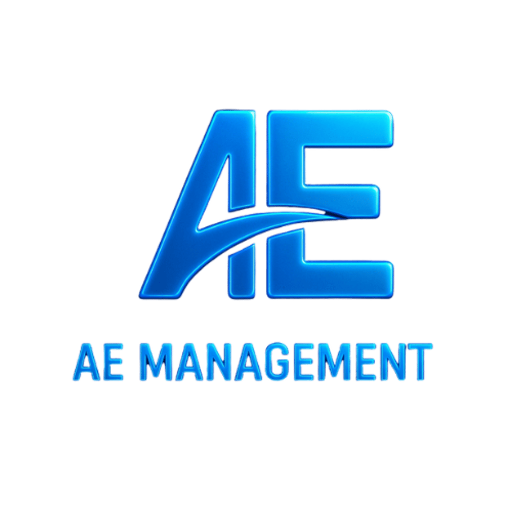 Blaues Logo mit großen, stilisierten Buchstaben AE und dem Text AE MANAGEMENT darunter.