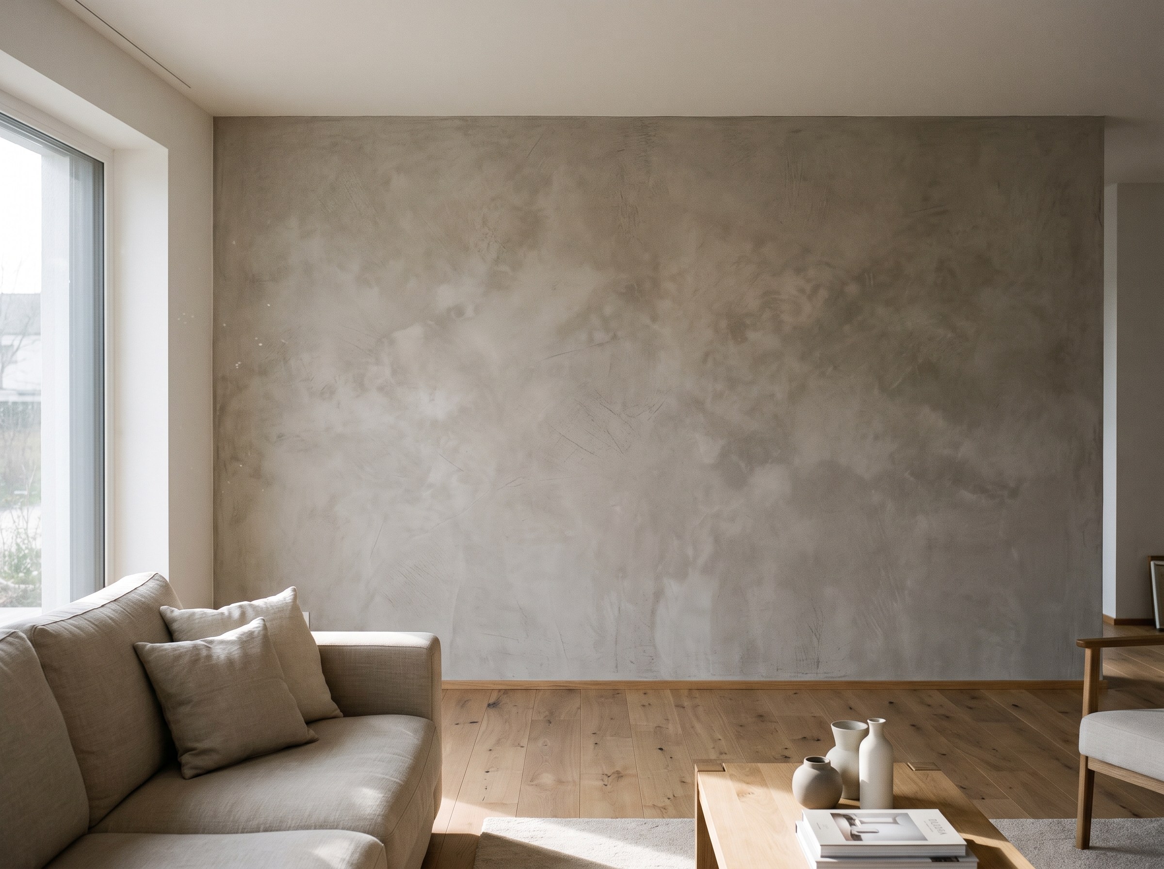 Wand in fugenloser Betonoptik in einem modern eingerichteten Raum