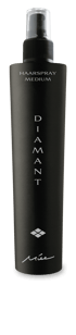 Schwarze Sprühflasche Miée Haarspray Medium Diamant vor schwarzem Hintergrund.