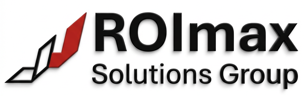 Logo mit schwarzem Text "ROImx Solutions Group" und einem roten, stilisierten Pfeil nach oben links.