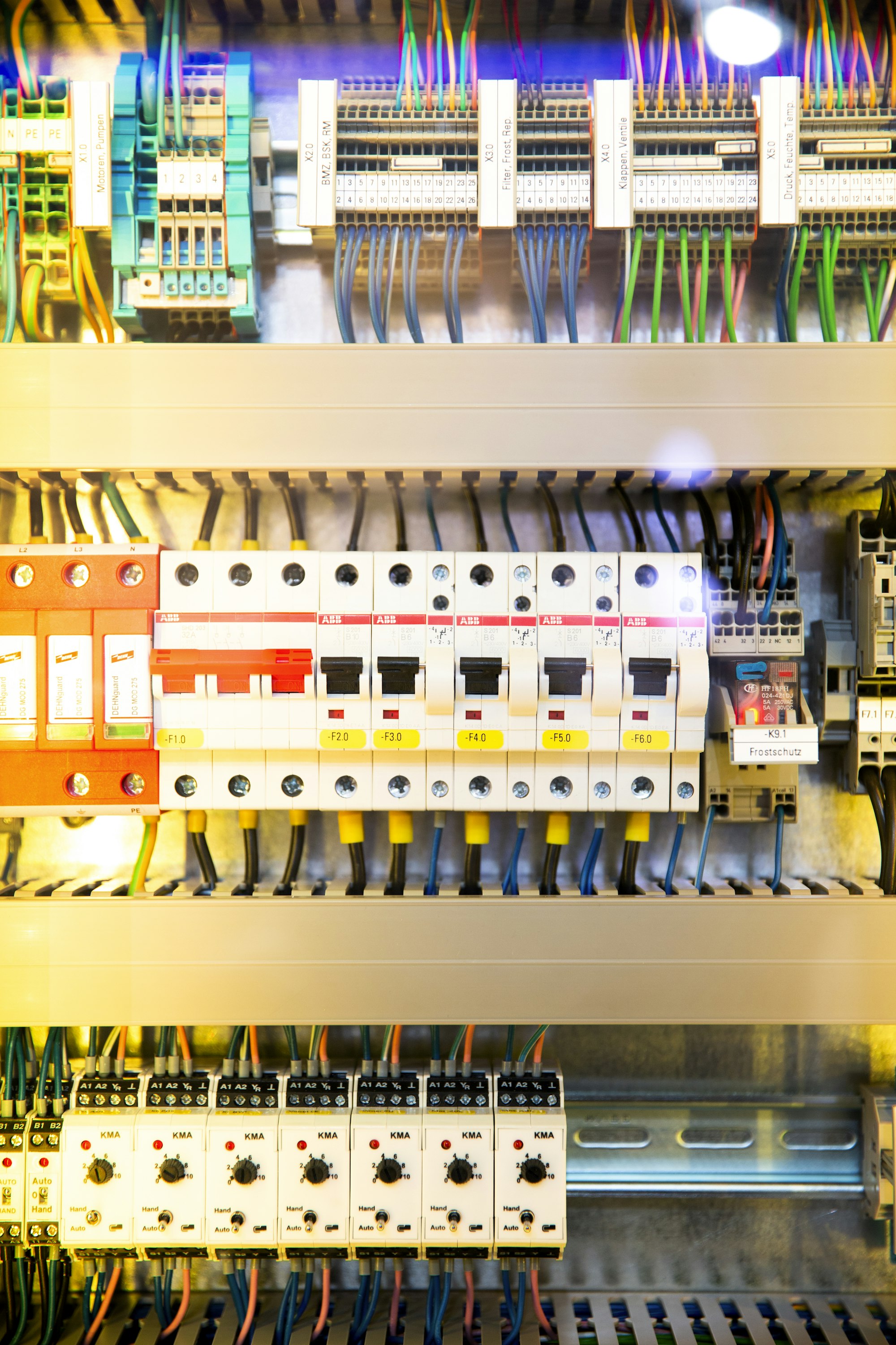Circuit breakers and branch wiring inside an electrical panel