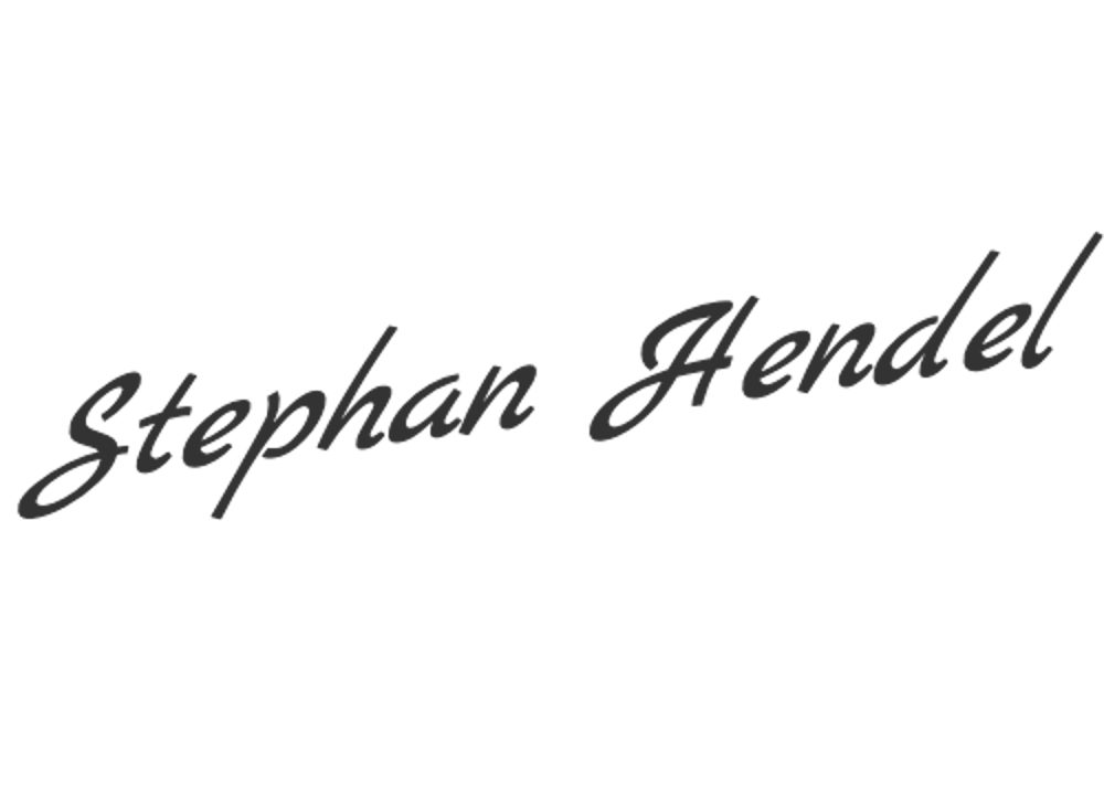 Stephan Hendel in kursiver, dunkelgrauer Schrift auf dunkelgrünem Hintergrund.